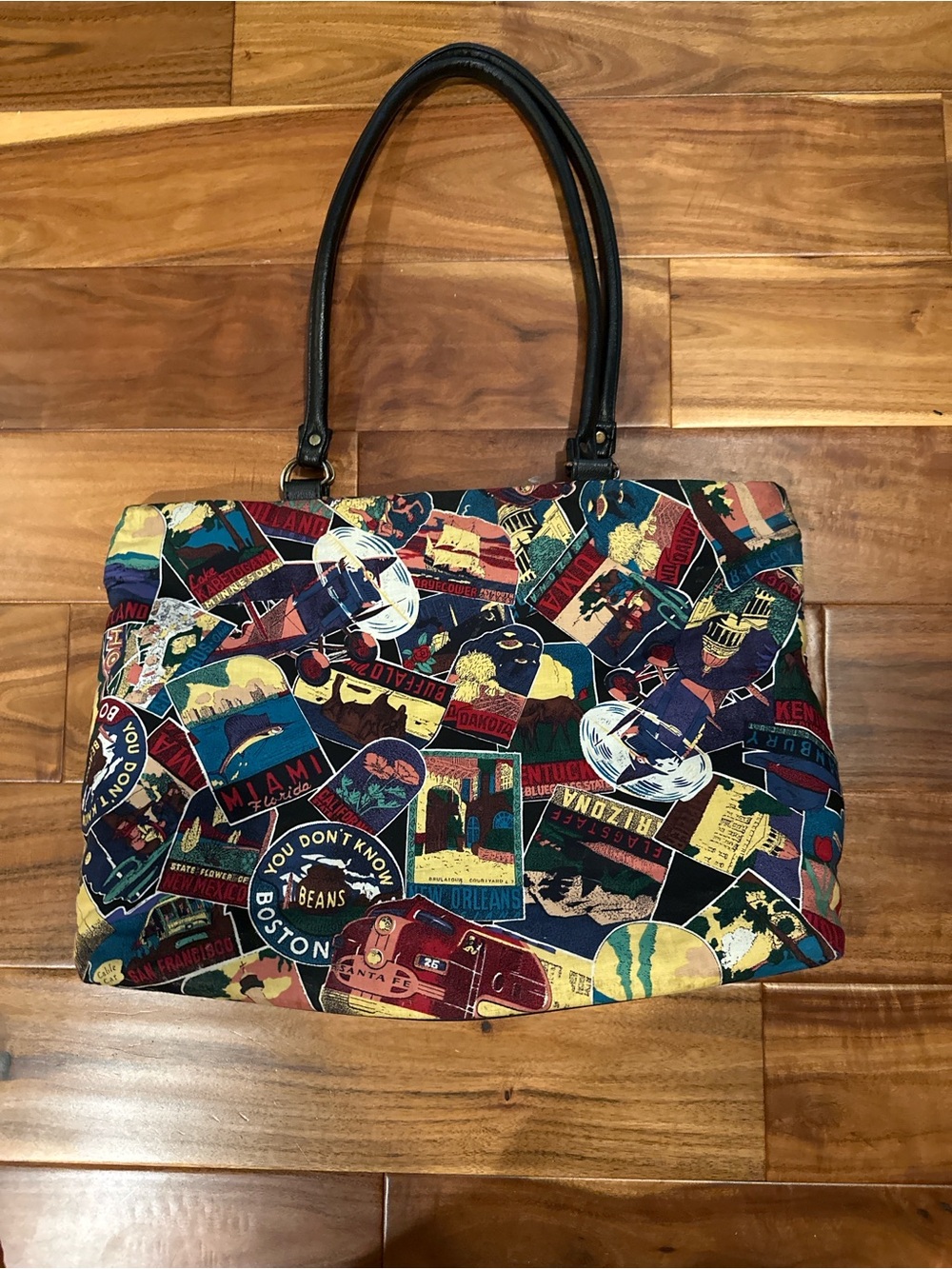 Travel-Print Tote Bag with Black Handles VINTAGE